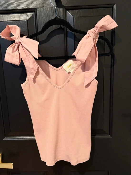 Maeve by Anthropologie Blush Pink Tie-Shoulder Ribbed Tank - Picture 3 of 10